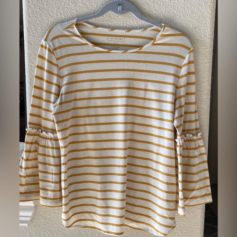 Yellow and White Striped Blouse with Bell Sleeves